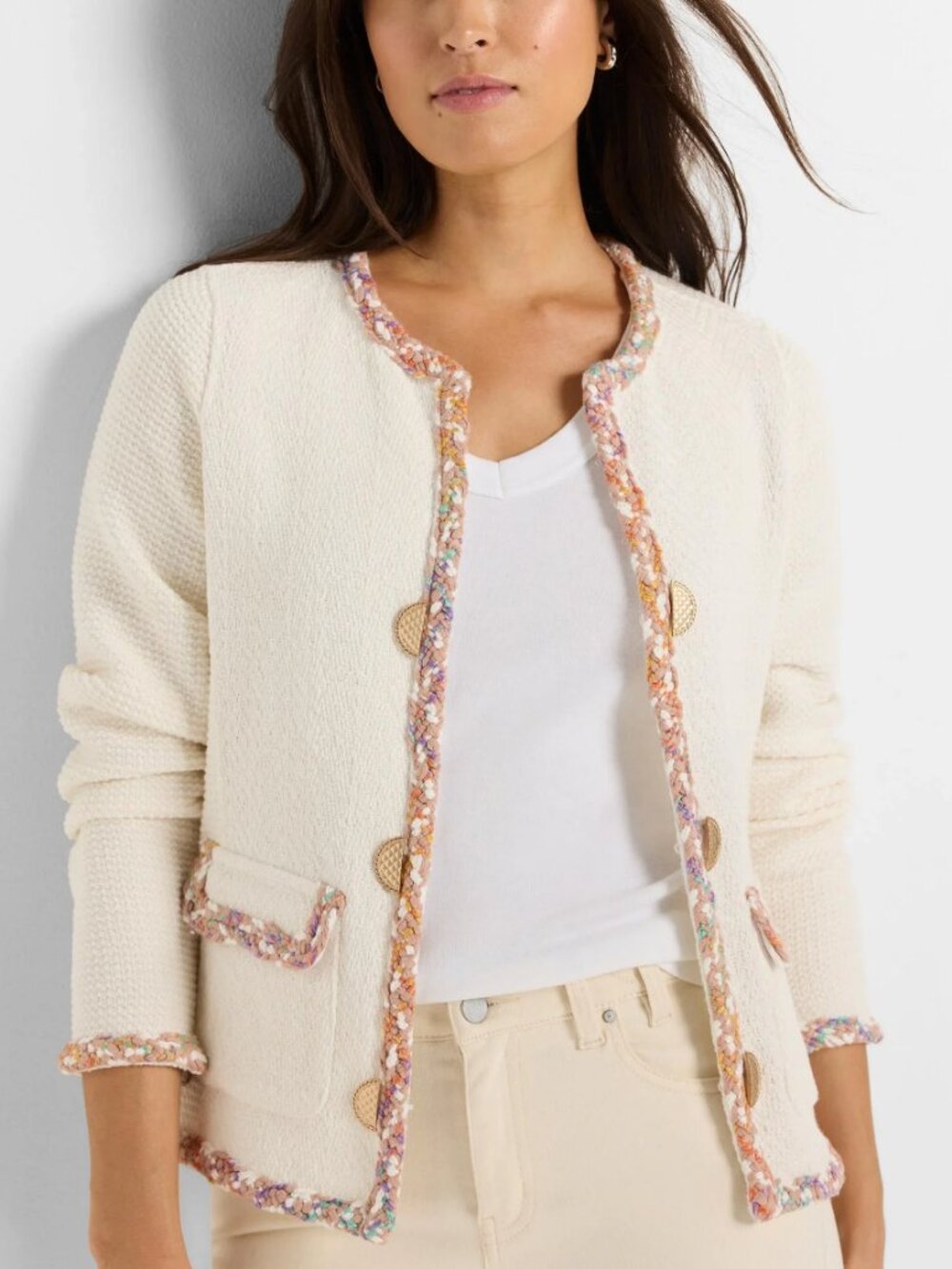 NIC+ZOE NWT SZ M Ivory Sweater Blazer Old Money Coquette Dressy Chic Parisian